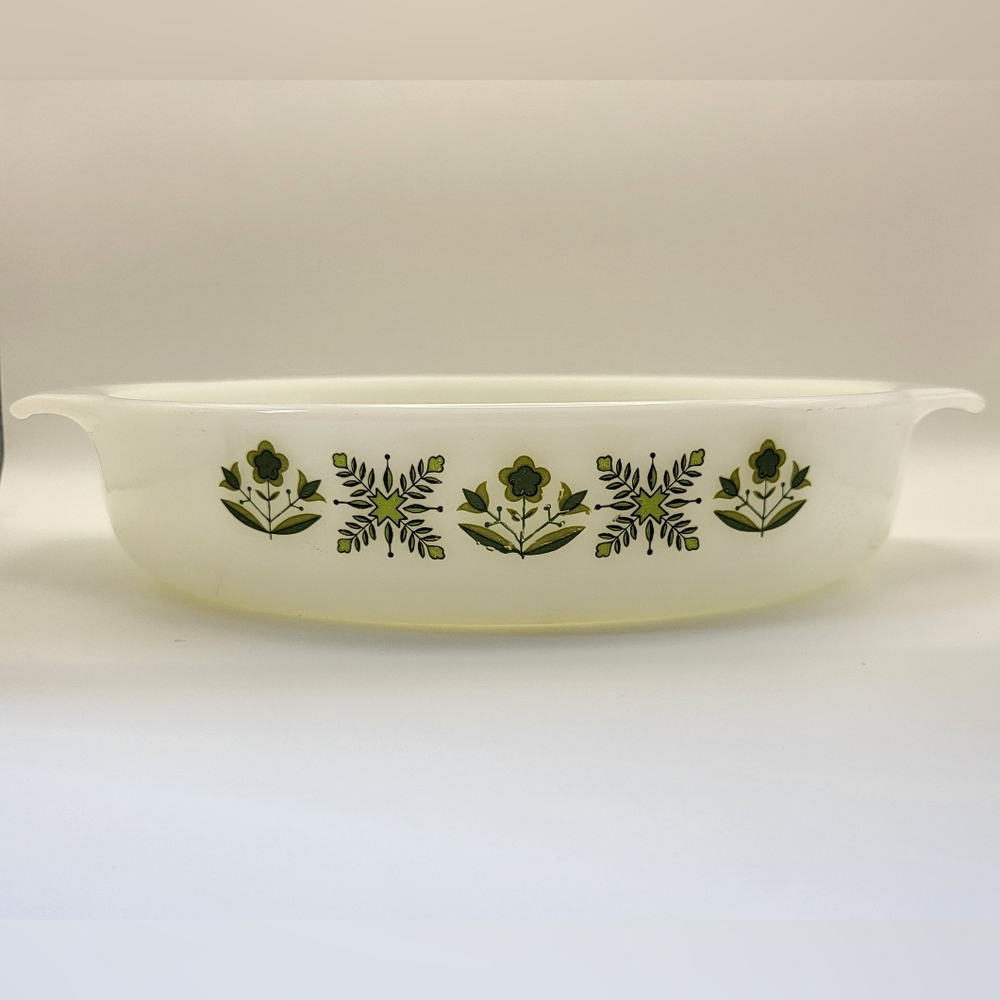 Vintage Anchor Hocking Milk Glass 9" Round Baking Dish Meadow Green Pattern